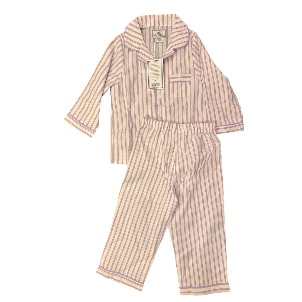Petite Plume Girls 2 Lavender French Ticking Pajama Set Purple Stripe SPJLFT102